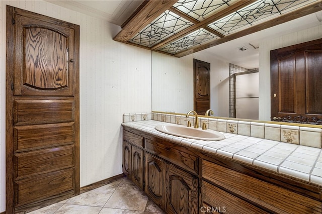 23511 Mirage Ln, Diamond Bar, CA 91765 - bathroom with vanity, a stall shower, tile patterned floors, and ornamental molding