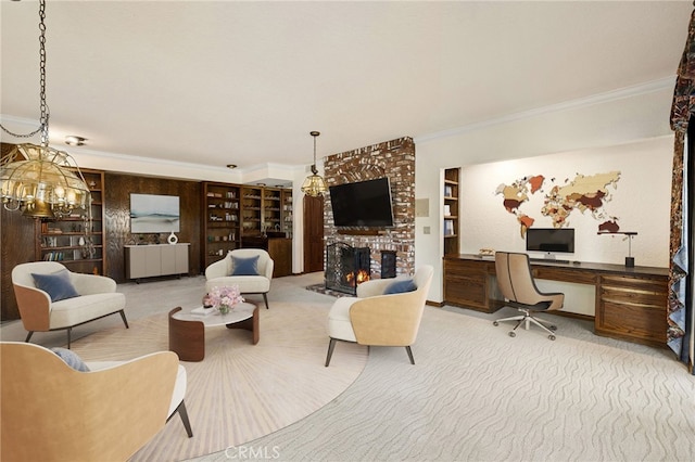 23511 Mirage Ln, Diamond Bar, CA 91765 - carpeted living room featuring ornamental molding, a brick fireplace, built in features, built in desk, and radiator