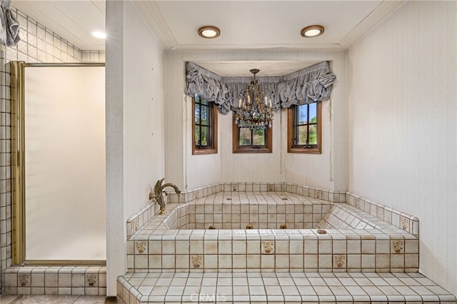 23511 Mirage Ln, Diamond Bar, CA 91765 - bathroom with crown molding, a chandelier, a shower stall, and a garden tub