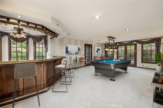 23511 Mirage Ln, Diamond Bar, CA 91765 - game room featuring light carpet, billiards table, plenty of natural light, a bar, and wallpapered walls