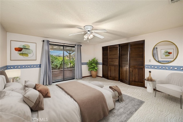 23511 Mirage Ln, Diamond Bar, CA 91765 - bedroom featuring wallpapered walls, access to outside, light carpet, a ceiling fan, and a textured ceiling
