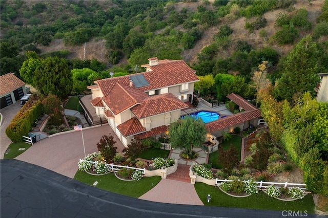 23511 Mirage Ln, Diamond Bar, CA 91765 - view from above of property featuring a pool area and a heavily wooded area