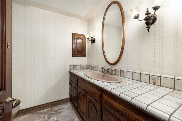 23511 Mirage Ln, Diamond Bar, CA 91765 - bathroom with vanity, crown molding, and wallpapered walls