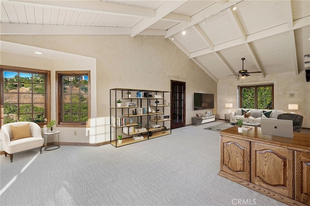 23511 Mirage Ln, Diamond Bar, CA 91765 - living area featuring carpet floors, a ceiling fan, rail lighting, and wood ceiling
