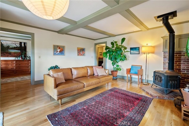 1521 5th St, Los Osos, CA 93402 - living area with a wood stove, coffered ceiling, light wood finished floors, and beam ceiling