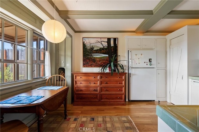 1521 5th St, Los Osos, CA 93402 - living area with beamed ceiling, light wood-style flooring, ornamental molding, and coffered ceiling