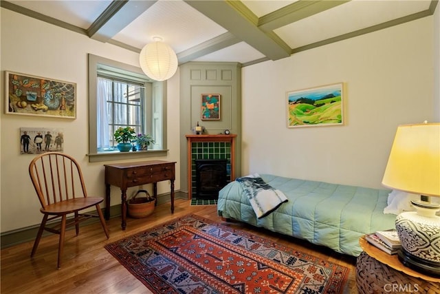 1521 5th St, Los Osos, CA 93402 - bedroom featuring wood finished floors, beamed ceiling, and coffered ceiling