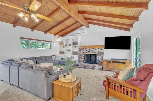 6721 E Coralite St, Long Beach, CA 90808 - living room featuring wood ceiling, a ceiling fan, plenty of natural light, and carpet floors