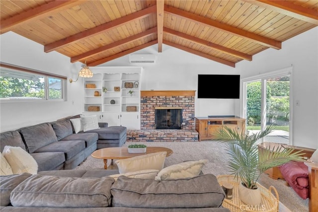 6721 E Coralite St, Long Beach, CA 90808 - living room with healthy amount of natural light, a fireplace, carpet flooring, a wall unit AC, and wooden ceiling