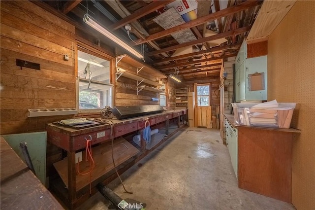 790 Manzanita St, Lakeport, CA 95453 - misc room featuring a workshop area, concrete flooring, and wood walls