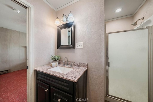 790 Manzanita St, Lakeport, CA 95453 - bathroom with a stall shower, vanity, tile patterned floors, crown molding, and a textured wall