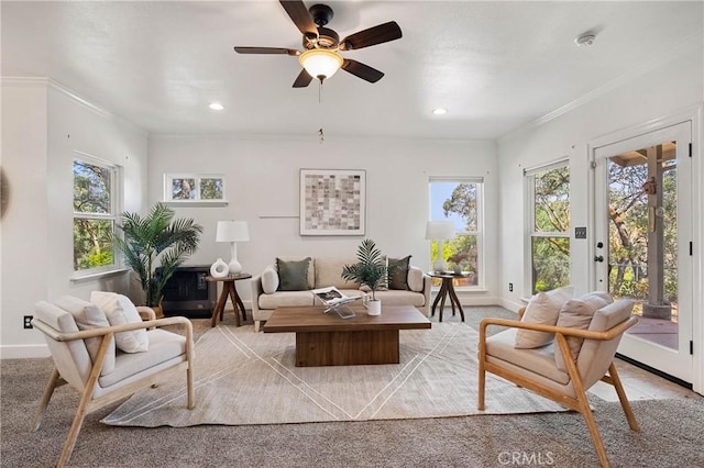 790 Manzanita St, Lakeport, CA 95453 - living room featuring healthy amount of natural light, ornamental molding, a ceiling fan, and recessed lighting