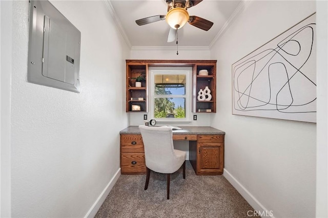 790 Manzanita St, Lakeport, CA 95453 - carpeted office space featuring electric panel, crown molding, and ceiling fan