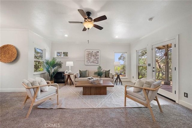 790 Manzanita St, Lakeport, CA 95453 - living area featuring plenty of natural light, crown molding, light carpet, ceiling fan, and recessed lighting