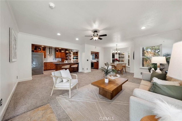 790 Manzanita St, Lakeport, CA 95453 - living room with a ceiling fan, recessed lighting, light carpet, a chandelier, and ornamental molding