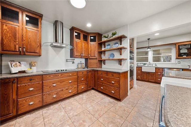 790 Manzanita St, Lakeport, CA 95453 - kitchen featuring wall chimney range hood, black electric stovetop, brown cabinetry, open shelves, and recessed lighting