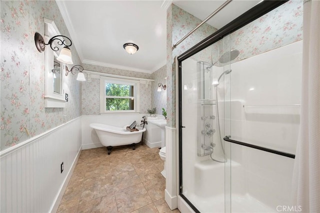 790 Manzanita St, Lakeport, CA 95453 - full bathroom with ornamental molding, a shower stall, a freestanding tub, and wallpapered walls