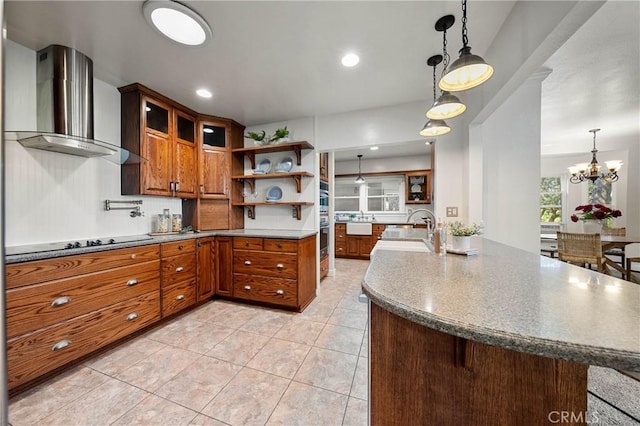 790 Manzanita St, Lakeport, CA 95453 - kitchen featuring wall chimney exhaust hood, black electric stovetop, brown cabinets, decorative light fixtures, and glass insert cabinets