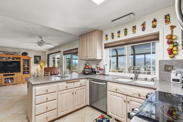 10323 Pine Grove St, Spring Valley, CA 91978 - kitchen featuring dishwasher, a peninsula, open floor plan, ceiling fan, and light tile patterned floors