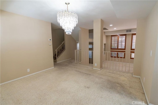 23169 Mulholland Dr Unit 3, Woodland Hills, CA 91364 - empty room with carpet flooring, a chandelier, recessed lighting, and stairs