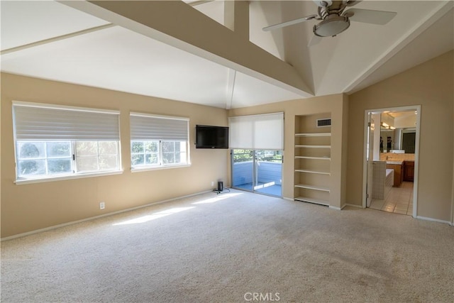 23169 Mulholland Dr Unit 3, Woodland Hills, CA 91364 - unfurnished room with carpet flooring, high vaulted ceiling, ceiling fan, and built in shelves