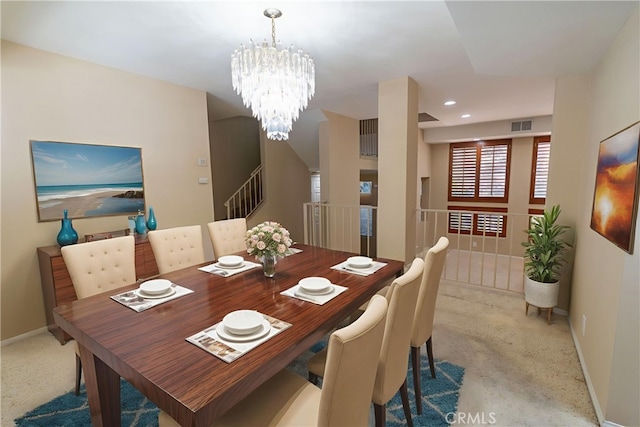 23169 Mulholland Dr Unit 3, Woodland Hills, CA 91364 - dining area featuring light colored carpet, stairway, a chandelier, and recessed lighting