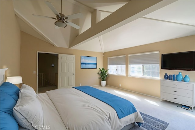 23169 Mulholland Dr Unit 3, Woodland Hills, CA 91364 - bedroom featuring carpet flooring, high vaulted ceiling, beam ceiling, and ceiling fan