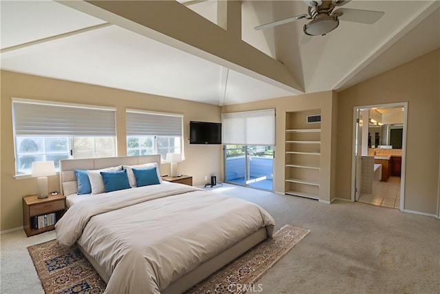 23169 Mulholland Dr Unit 3, Woodland Hills, CA 91364 - carpeted bedroom featuring access to outside, high vaulted ceiling, connected bathroom, and ceiling fan