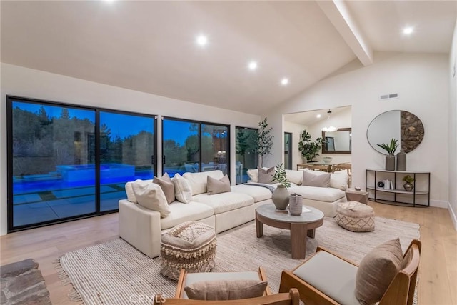 12350 Mclennan Ave, Granada Hills, CA 91344 - living room featuring beamed ceiling, light wood-type flooring, high vaulted ceiling, and recessed lighting