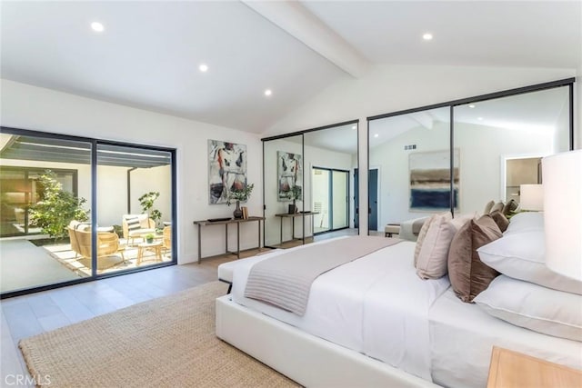 12350 Mclennan Ave, Granada Hills, CA 91344 - bedroom featuring multiple closets, access to exterior, wood finished floors, and recessed lighting
