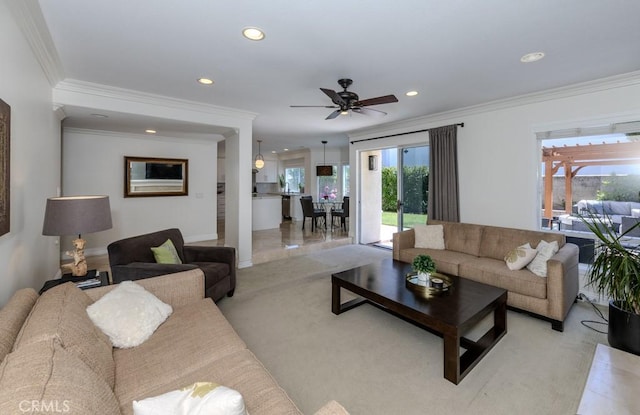 4330 E Cornwall Ave, Orange, CA 92867 - living room with crown molding, light carpet, recessed lighting, and a ceiling fan