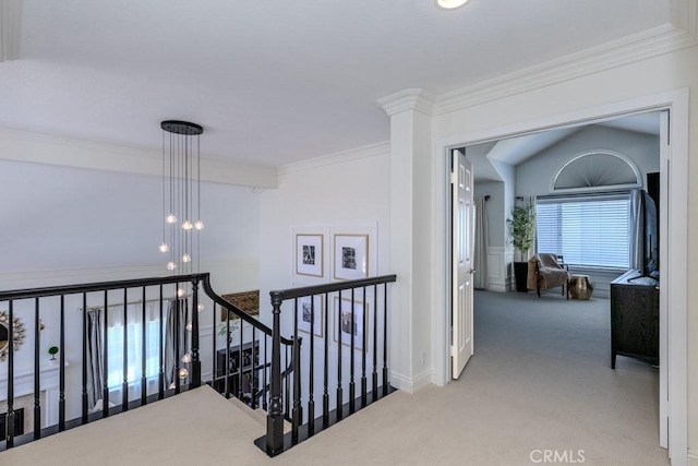 4330 E Cornwall Ave, Orange, CA 92867 - hallway featuring carpet floors, an upstairs landing, and ornamental molding
