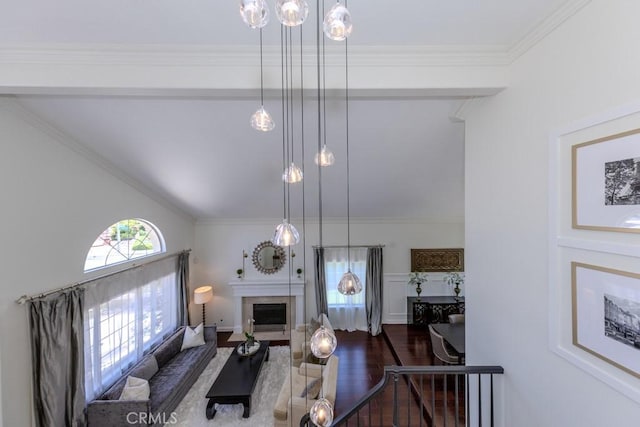 4330 E Cornwall Ave, Orange, CA 92867 - living room featuring a fireplace with flush hearth, wood finished floors, and ornamental molding