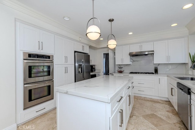 4330 E Cornwall Ave, Orange, CA 92867 - kitchen with stainless steel appliances, under cabinet range hood, a center island, white cabinetry, and recessed lighting