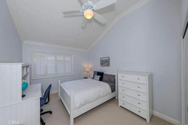 4330 E Cornwall Ave, Orange, CA 92867 - bedroom with vaulted ceiling, crown molding, light colored carpet, an office area, and ceiling fan