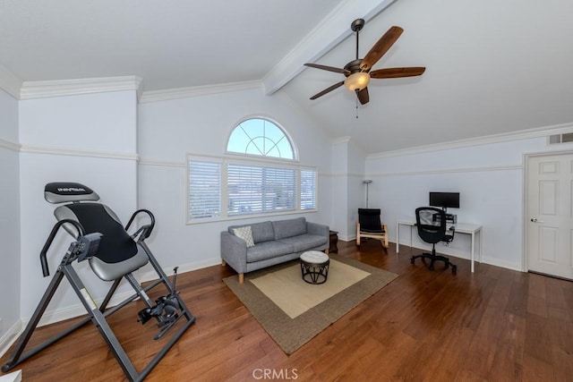 4330 E Cornwall Ave, Orange, CA 92867 - exercise area with wood finished floors, a ceiling fan, lofted ceiling, and crown molding