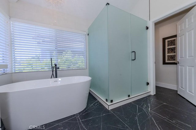 4330 E Cornwall Ave, Orange, CA 92867 - full bathroom with marble tiled flooring, a freestanding tub, and healthy amount of natural light