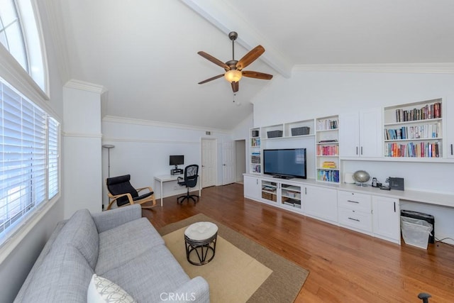 4330 E Cornwall Ave, Orange, CA 92867 - living room featuring beam ceiling, ceiling fan, light wood-style floors, high vaulted ceiling, and plenty of natural light