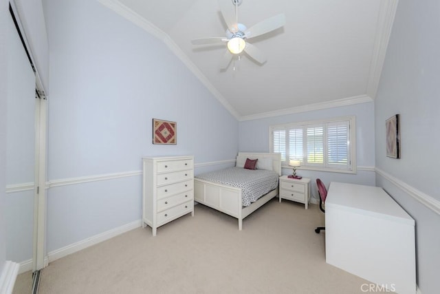 4330 E Cornwall Ave, Orange, CA 92867 - bedroom featuring vaulted ceiling, crown molding, light colored carpet, and ceiling fan