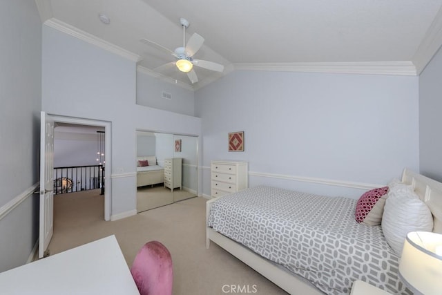 4330 E Cornwall Ave, Orange, CA 92867 - carpeted bedroom with ornamental molding, vaulted ceiling, a closet, and ceiling fan