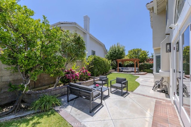 4330 E Cornwall Ave, Orange, CA 92867 - fenced backyard featuring an outdoor living space, a patio, and a pergola