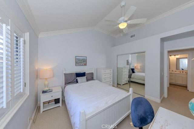 4330 E Cornwall Ave, Orange, CA 92867 - bedroom with ornamental molding, light colored carpet, a closet, vaulted ceiling, and a ceiling fan