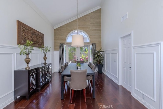 4330 E Cornwall Ave, Orange, CA 92867 - dining area with a decorative wall, high vaulted ceiling, wood finished floors, and wainscoting
