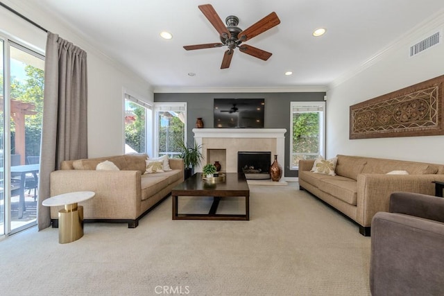 4330 E Cornwall Ave, Orange, CA 92867 - living room featuring ornamental molding, carpet flooring, ceiling fan, a fireplace, and recessed lighting