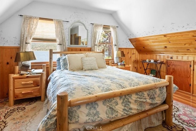 115 Lagunita Ln, Big Bear Lake, CA 92315 - bedroom featuring lofted ceiling, wood walls, a wainscoted wall, and wood finished floors