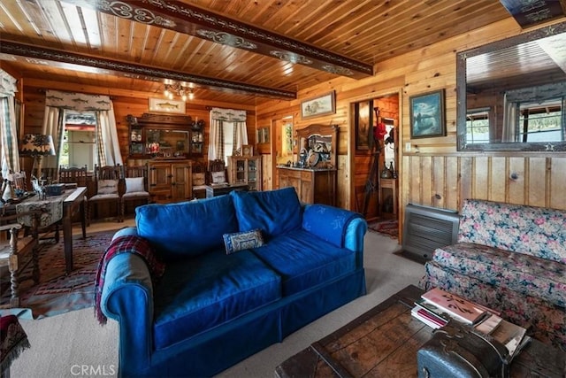 115 Lagunita Ln, Big Bear Lake, CA 92315 - carpeted living room with wooden walls and a wood ceiling with exposed beams