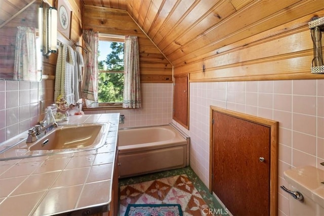 115 Lagunita Ln, Big Bear Lake, CA 92315 - full bath featuring lofted ceiling, tile walls, vanity, a bath, and wooden ceiling