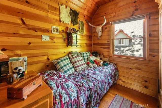 115 Lagunita Ln, Big Bear Lake, CA 92315 - bedroom with wood walls, wood finished floors, wooden ceiling, and vaulted ceiling