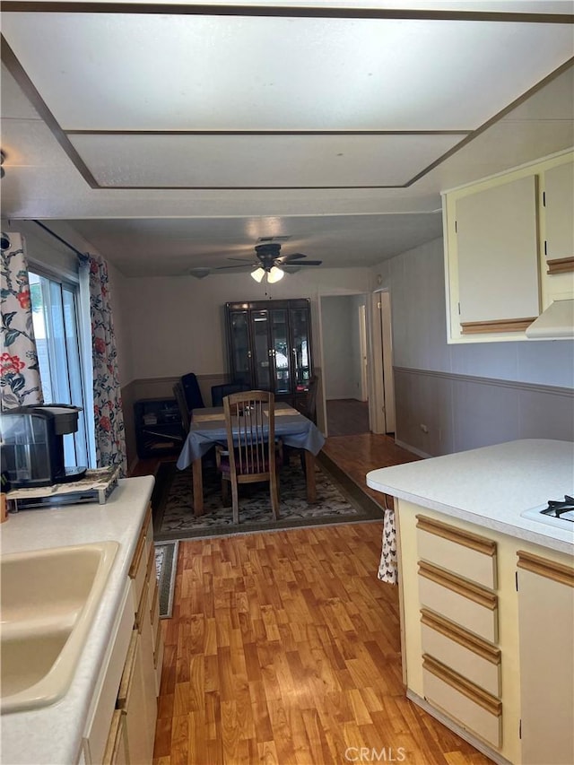 38150 Sumac Ln, Squaw Valley, CA 93675 - kitchen featuring light wood-type flooring, light countertops, under cabinet range hood, and ceiling fan