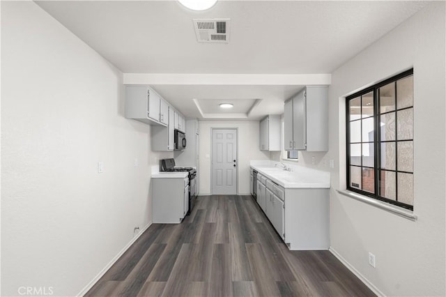 37632 15th St E, Palmdale, CA 93550 - kitchen featuring black gas range oven, a raised ceiling, and gray cabinetry